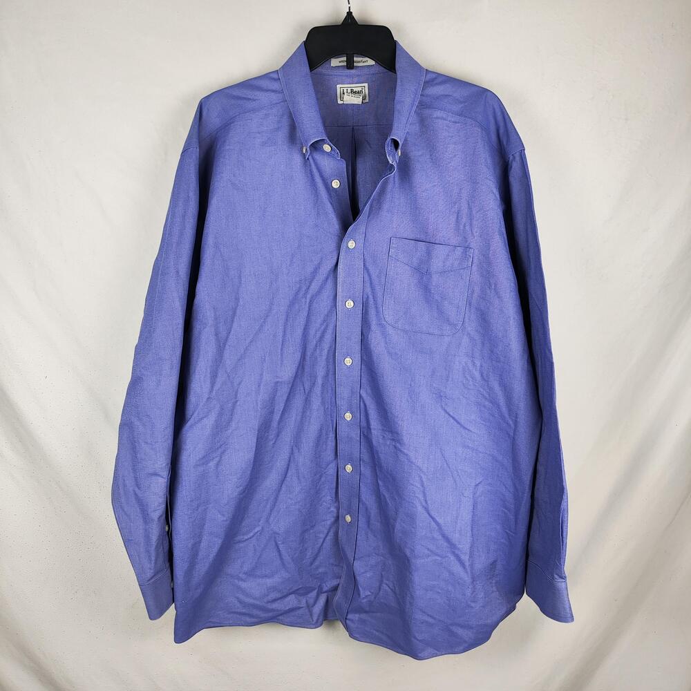 L.L. Bean Shirt Mens 17.5 36/37 Blue Wrinkle Resistant Button Down Dress Cotton